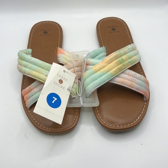 NWT Shade & Shore Slip On Sandals Colorful Tie Dye Rainbow Pink Green Womens 7 - Picture 3 of 12